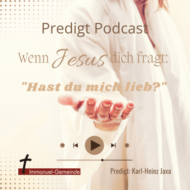 Hand, die eine Einladung symbolisiert, mit Text über einen Podcast zu Jesus.